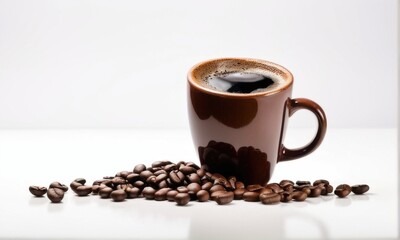 Obraz premium Brown Coffee Cup and Roasted Beans on White Background