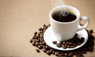 Fototapeta premium Steaming Cup of Black Coffee on Roasted Beans