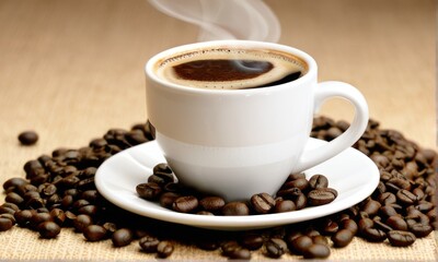 Obraz premium Steaming Cup of Coffee on Roasted Beans