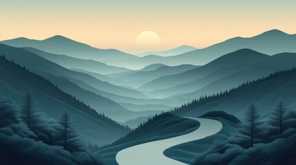 Misty Mountain Valley Road Sunrise Scenic Landscape