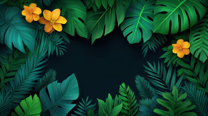 Fototapeta premium Lush green leaves frame dark background, creating vibrant and tropical atmosphere. Bright yellow flowers add pop of color, enhancing natural beauty and inviting sense of tranquility