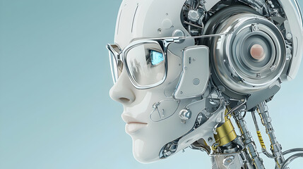 Fototapeta premium A sleek cyborg head with detailed mechanical components and stylish glasses. Ideal for futuristic tech concepts or sci-fi visuals promoting innovation and artificial intelligence.