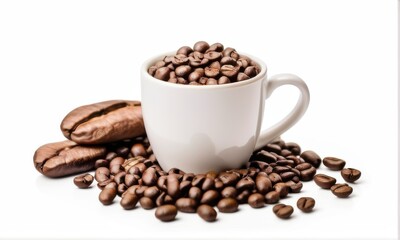 Fototapeta premium Roasted Coffee Beans and White Espresso Cup on White Background