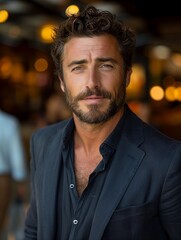 Obraz premium A close-up portrait of a middle-aged man with a neatly trimmed brown beard and matching hair. He's dressed in a dark-colored blazer, the focus sharply on his face against a softly blurred background