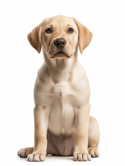 Fototapeta premium Friendly Labrador puppy sitting upright with curious expression indoors under bright lighting