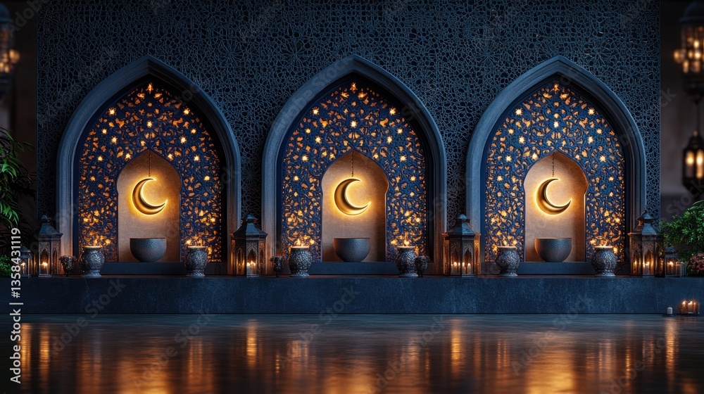 Poster illuminated crescent moons in ornate arches, surrounded by lanterns and candles.