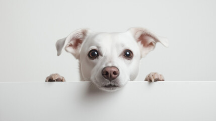 Fototapeta premium Curious white dog peeking over a table with an inquisitive expression in a minimalist setting