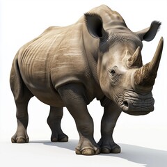 Obraz premium A full-body, eye-level, close-up shot of a white rhinoceros against a pure white background. The rhinoceros is depicted in a three-quarter view, subtly angled to the left. The image is sharply