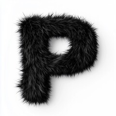 Close-up view of a capital letter "P" formed from a dense, black, furry texture. The fur appears soft and plush, creating a three-dimensional effect against a stark white background.  The image