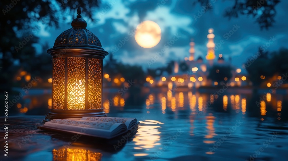 Poster illuminated lantern and holy book by calm water with a moonlit mosque in the background.