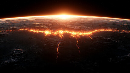 Glowing Earth from space with plastic waste scattered on one side, symbolizing environmental chaos and the urgency of Earth Day. Blank space for caption, focus on sustainability and conservation effor