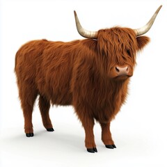 A full-body studio shot of a Highland Cattle against a pure white background. The image showcases the animal's characteristic long, shaggy, auburn-brown coat. The lighting is even, minimizing harsh