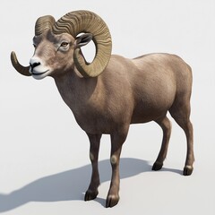 Obraz premium A full-body, profile view digital render of a desert bighorn sheep. The sheep is standing, facing left, against a plain white background. The render displays high detail and realism, showcasing the