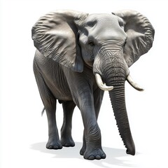 Obraz premium Full-body shot of an African elephant against a pure white background. The image exhibits high detail, showcasing the elephant's wrinkled gray skin, prominent tusks, large ears, and expressive eyes.