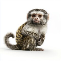 Obraz premium Close-up studio shot of a pygmy marmoset monkey against a pure white background. The image showcases the primate's full body, highlighting its small size, fluffy texture, and expressive features,