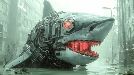 A futuristic cyborg shark emerges from flooded city streets. Excellent for science fiction book covers or game art emphasizing technological horror.