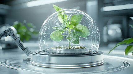 A futuristic image depicting a plant inside a protective dome potentially used for scientific research or controlled agriculture. It illustrates sustainable technology. 