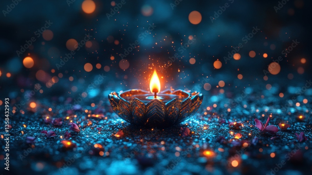 Aufkleber illuminated lotus-shaped oil lamp on dark background with bokeh lights and flower petals.