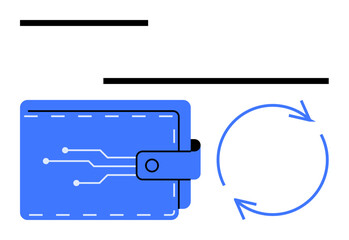 Blue wallet with circuit pattern and circular arrows symbolizing transaction process, digital payments, or financial technology. Ideal for money, tech, security, finance, innovation, e-commerce