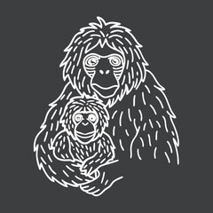 Orangutan Mother and Baby Line Art Illustration	