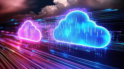 vibrant digital representation of glowing clouds symbolizes cloud computing, showcasing futuristic network with colorful data streams. This evokes sense of innovation and technology