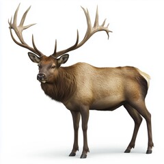 Fototapeta premium A full-body, eye-level illustration of an elk bull. The illustration is rendered in a realistic style, with attention to detail in the fur texture, antler branching, and overall musculature. The elk