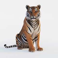 Obraz premium A detailed close-up studio shot of a Bengal tiger sitting against a stark white background. The image showcases the animal's rich orange and black striped fur with exceptional texture detail