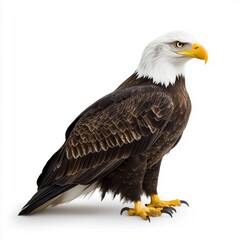Obraz premium A high-resolution, close-up profile image of a bald eagle against a pure white background. The eagle is positioned in a three-quarter view, showcasing its detailed plumage with sharp focus on the