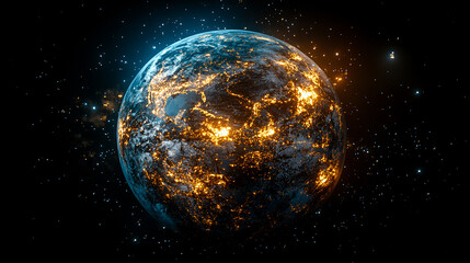 Fototapeta premium Glowing Earth from space with plastic waste scattered on one side, symbolizing environmental chaos and the urgency of Earth Day. Blank space for caption, focus on sustainability and conservation effor