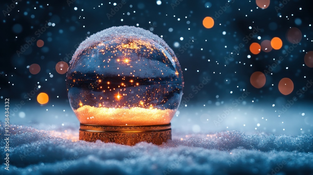 Aufkleber illuminated snow globe on snowy surface with bokeh lights.