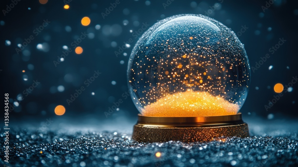 Poster illuminated snow globe with sparkling glitter on dark background.