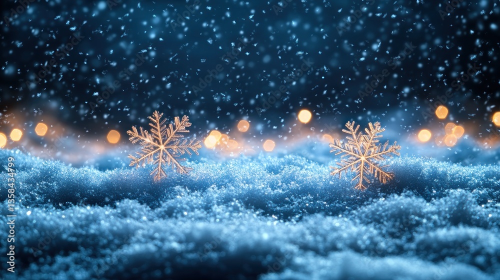 Poster illuminated snowflakes in snowy night scene with bokeh lights.