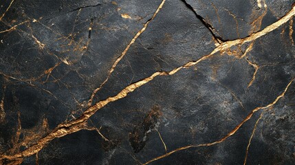 Dark gray stone with gold veins.  Detailed closeup of a fractured surface