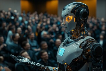 Humanoid robot addresses an audience during a presentation event