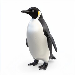 Fototapeta premium A full-body profile view of an emperor penguin against a pure white background. The penguin is rendered in high detail, showcasing its characteristic black and white plumage. The image exhibits