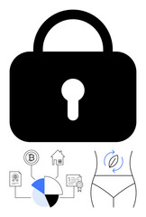 Lock representing security paired with cryptocurrency, financial icons, chart, and human wellness graphic. Ideal for security, blockchain, finance, technology health privacy innovation. Flat