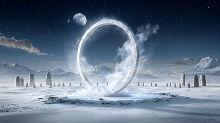 A mystical winter landscape features a glowing ring portal. Stone figures and snowy mountains enhance the scene. It would work well for fantasy book covers or game art.