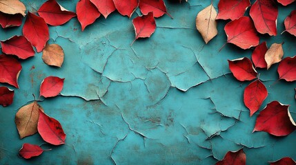 Autumn leaves on teal painted surface