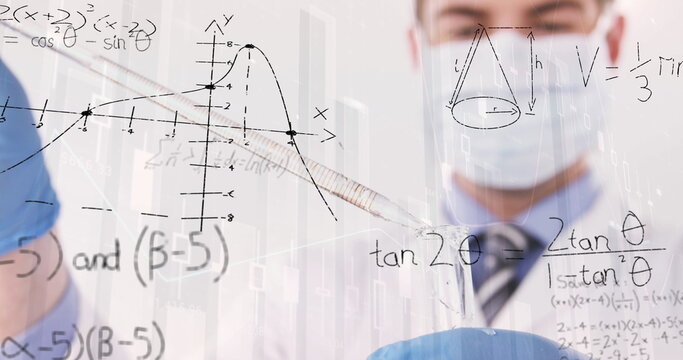 Scientist in lab coat analyzing test tube with mathematical formulas overlay - Powered by Adobe