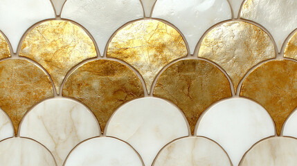 geometric ceramic tile wall or floor in gold and silver tones, radiating light and brightness, evoking peace, serenity, and the depth of the ocean with symmetrical patterns for timeless beauty