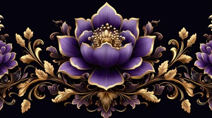 Ornate floral border, dark background, decorative design, seamless pattern,  for fabric or wallpaper