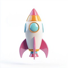 A digital illustration of a cartoon rocket ship rendered in a three-dimensional style. The rocket is primarily white with pastel orange, pink, and light blue accents.  It features a rounded body,