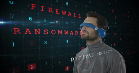 Man wearing VR headset exploring digital security concepts with floating text