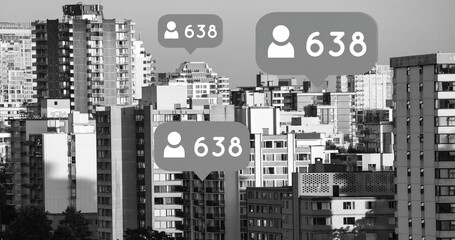 City skyline with social media follower icons overlaying urban buildings