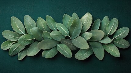 Green leaves arranged on dark background, nature, flatlay, botanical, design