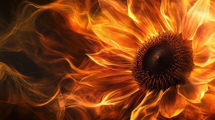 Dynamic and Fiery Sunflower with Flames and Vivid Orange and Yellow Hues Set Against a Dark Background