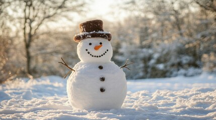 A cheerful snowman in a winter wonderland.