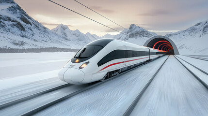 High-speed train emerges from a tunnel in a snowy mountain landscape. Suggests efficient transport through challenging terrains and promotes modern travel.