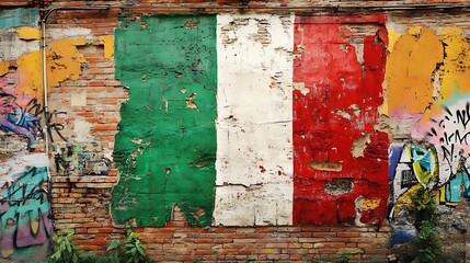 Naklejka premium Decayed and weathered wall painted with flag and graffiti