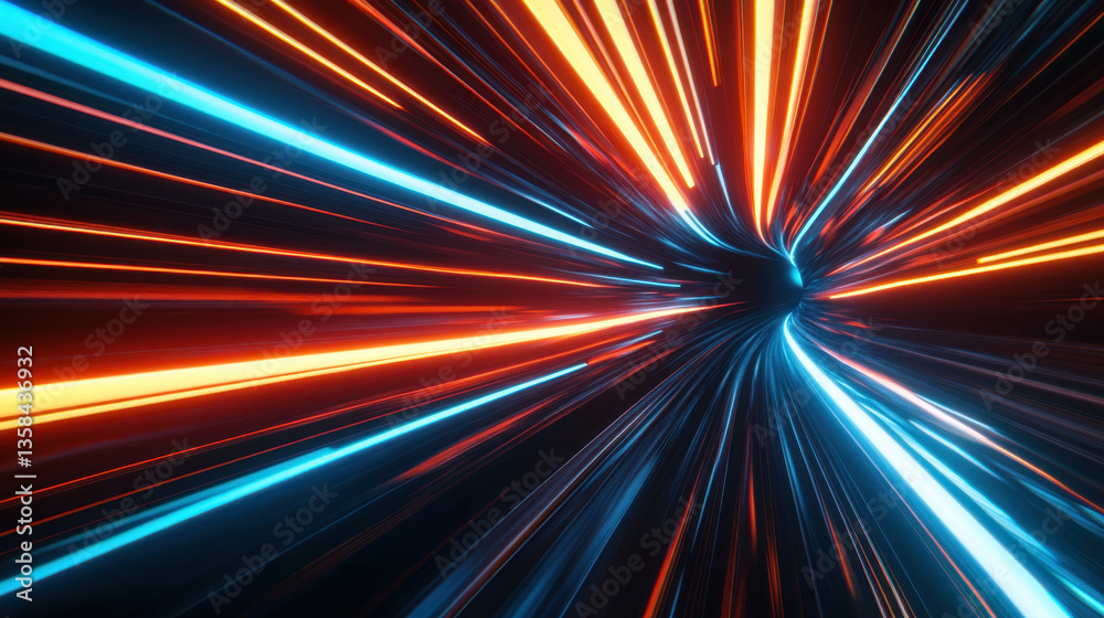 Wall mural dynamic digital tunnel with luminous streaks of orange and blue light, creating sense of speed and m